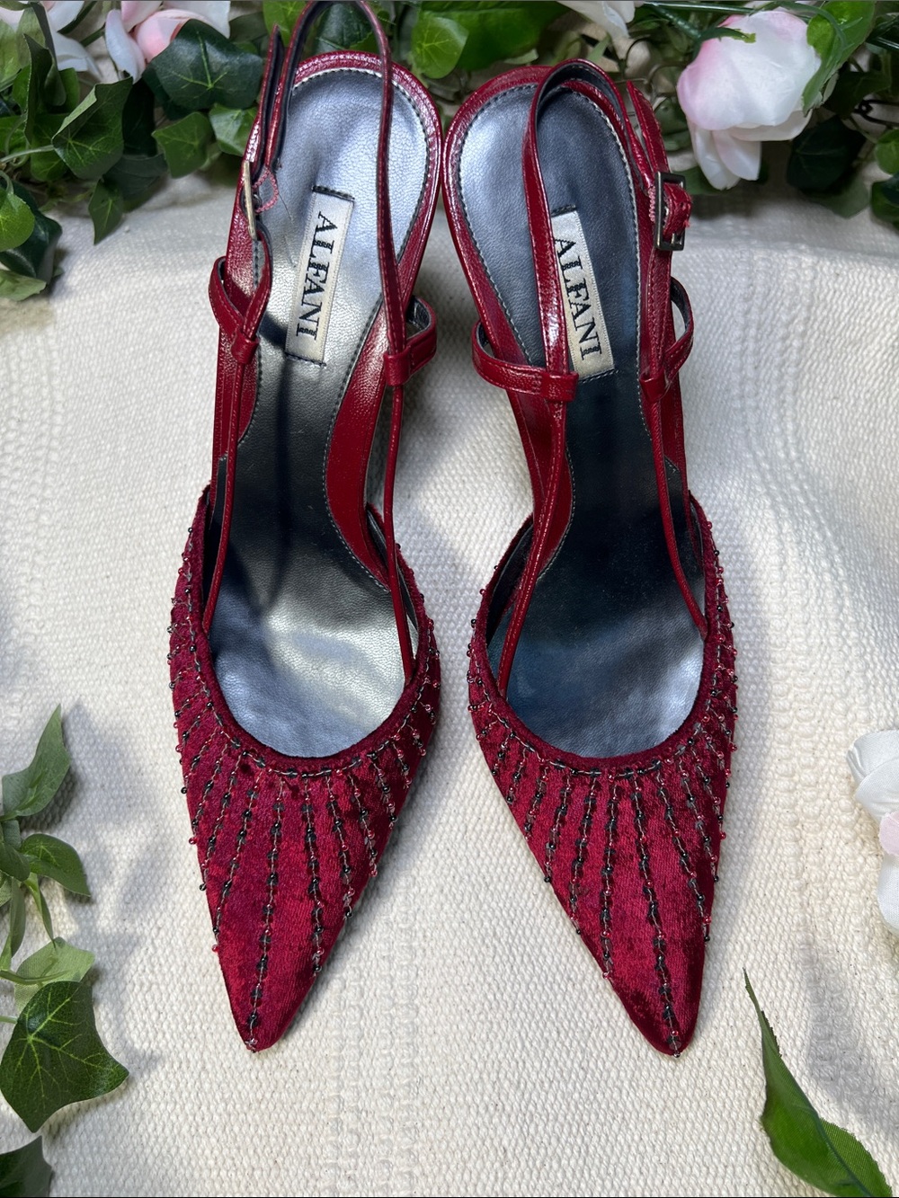 👠Alfani Vintage Red-Burgundy Velvet & Leather Beaded Pointed-Toe Slingback Heels